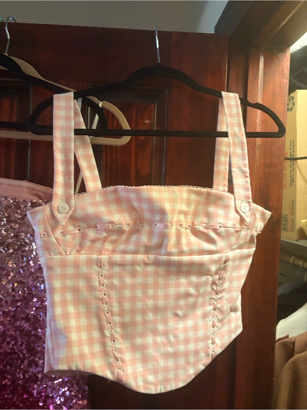 House of CB Pink Gingham Corset-Style Crop Camisole